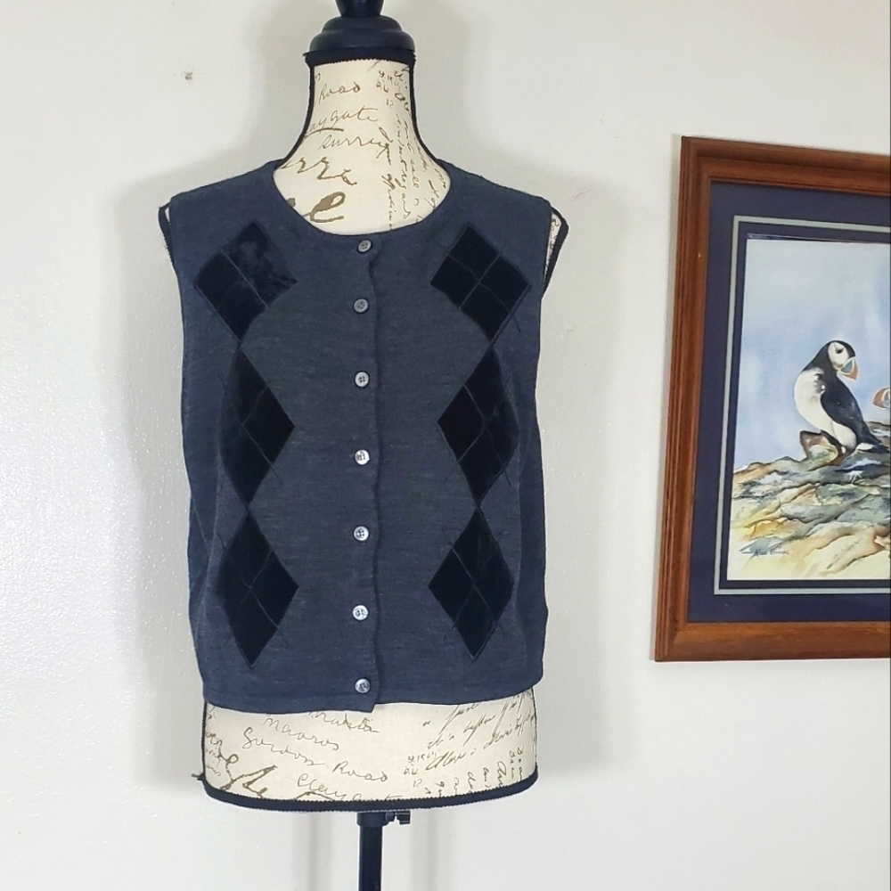 Eddie Bauer Sweater Vest Button Front Grey Argyle Wool Silk Blend Size Petite XL